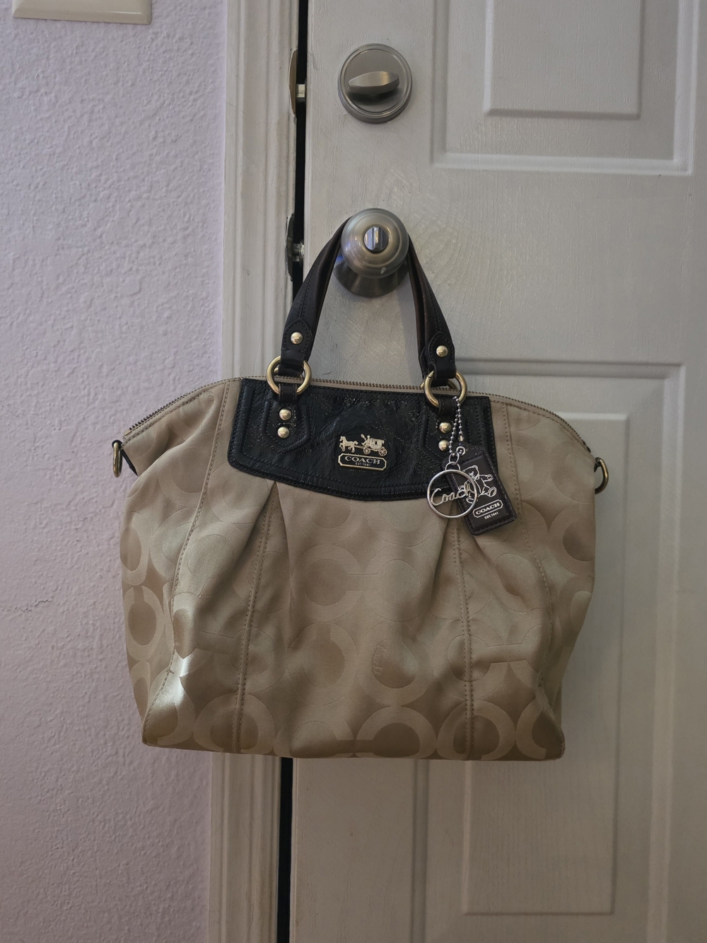 Coach Tan Signature Canvas Satchel with Dark Brown Trim and Gold Hardware